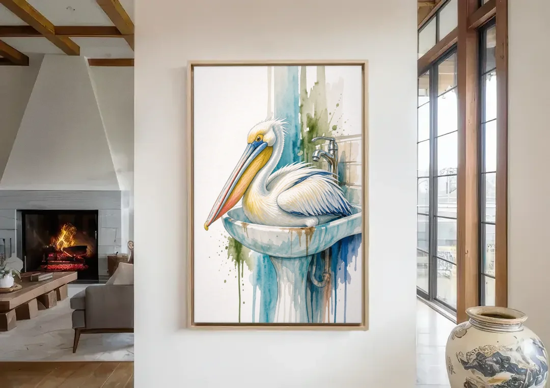 Funny Bathroom Animal Art Pelican Overflows the Sink canvas wall art in a living room with a fireplace