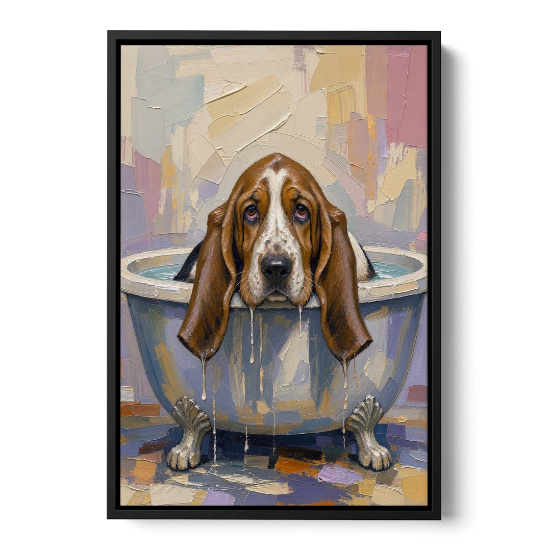 Funny Bathroom Canvas Art Basset Hound with Dripping Ears - Black Framed Canvas Wall Art - Front