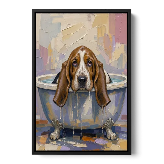 Funny Bathroom Canvas Art Basset Hound with Dripping Ears - Black Framed Canvas Wall Art - Front