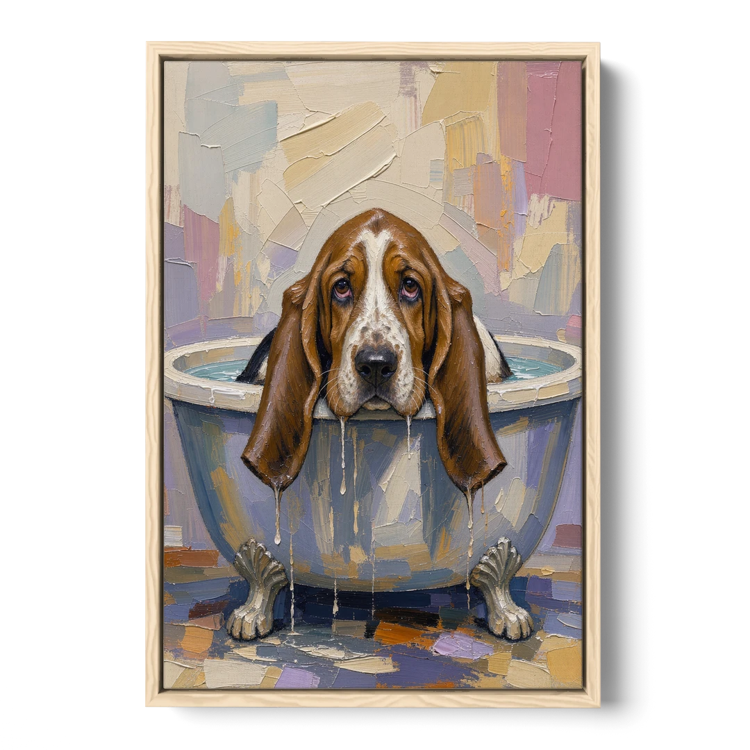 Funny Bathroom Canvas Art Basset Hound with Dripping Ears - Oak Framed Canvas Wall Art - Front