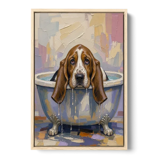 Funny Bathroom Canvas Art Basset Hound with Dripping Ears - Oak Framed Canvas Wall Art - Front