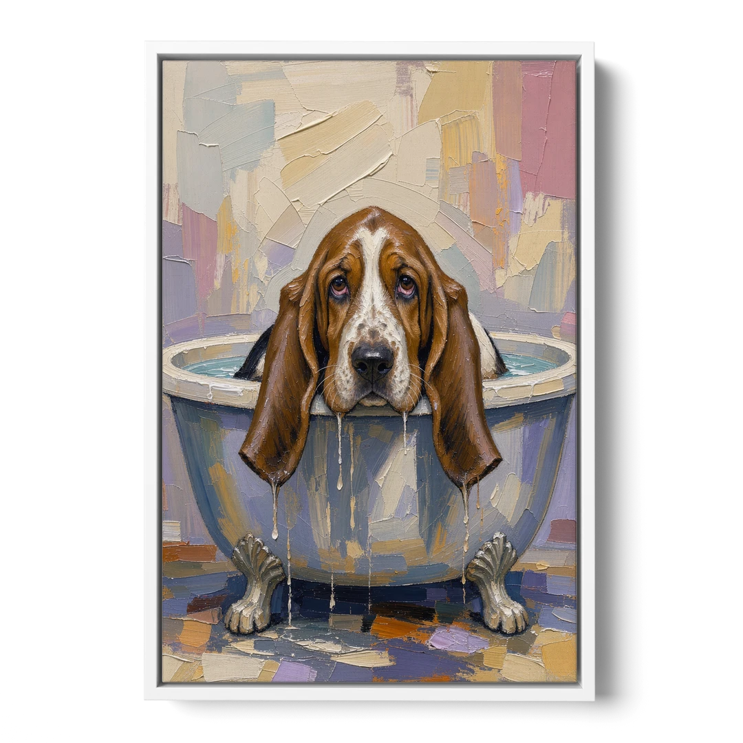 Funny Bathroom Canvas Art Basset Hound with Dripping Ears - White Framed Canvas Wall Art - Front