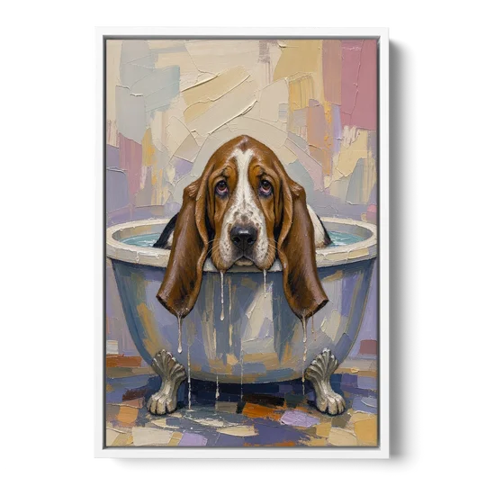 Funny Bathroom Canvas Art Basset Hound with Dripping Ears - White Framed Canvas Wall Art - Front