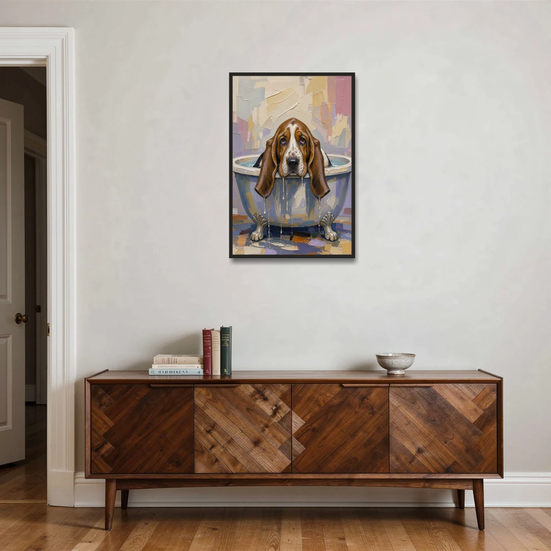 Funny Bathroom Canvas Art Basset Hound with Dripping Ears - Black Framed Canvas Wall Art - Coffee Table - 24x36