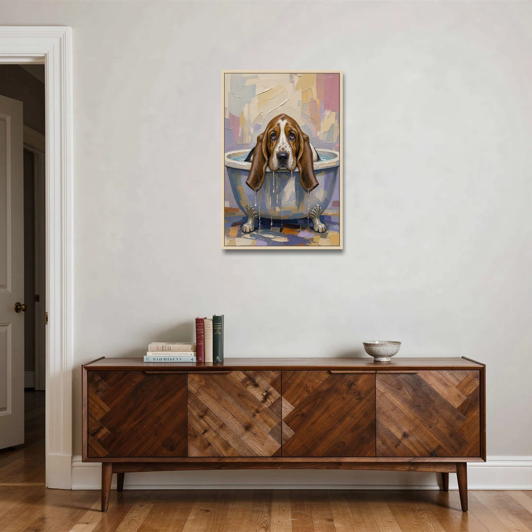 Funny Bathroom Canvas Art Basset Hound with Dripping Ears - Oak Framed Canvas Wall Art - Coffee Table - 24x36