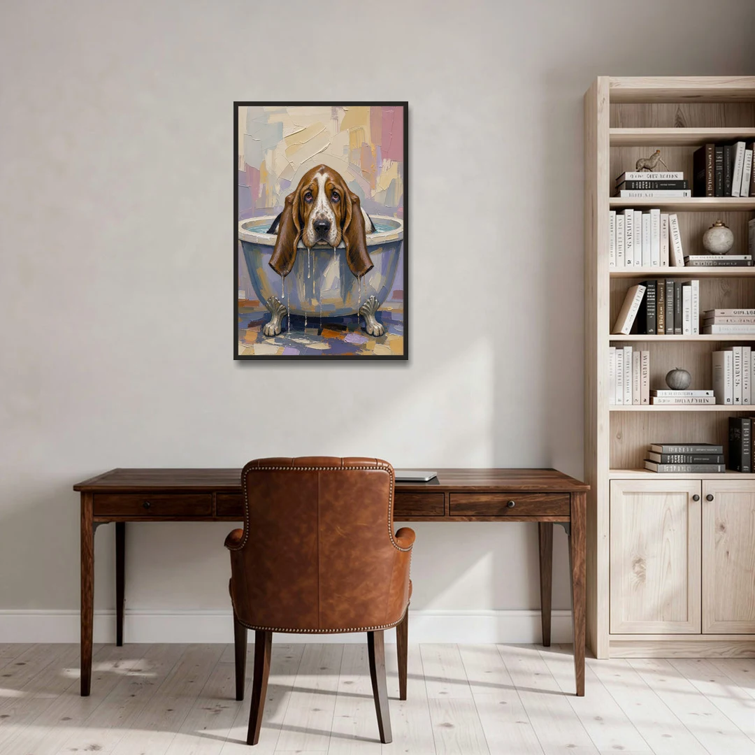 Funny Bathroom Canvas Art Basset Hound with Dripping Ears - Black Framed Canvas Wall Art - Office - 24x36