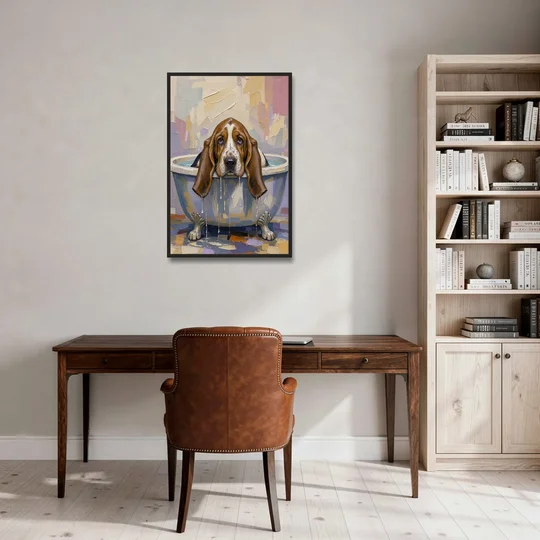 Funny Bathroom Canvas Art Basset Hound with Dripping Ears - Black Framed Canvas Wall Art - Office - 24x36
