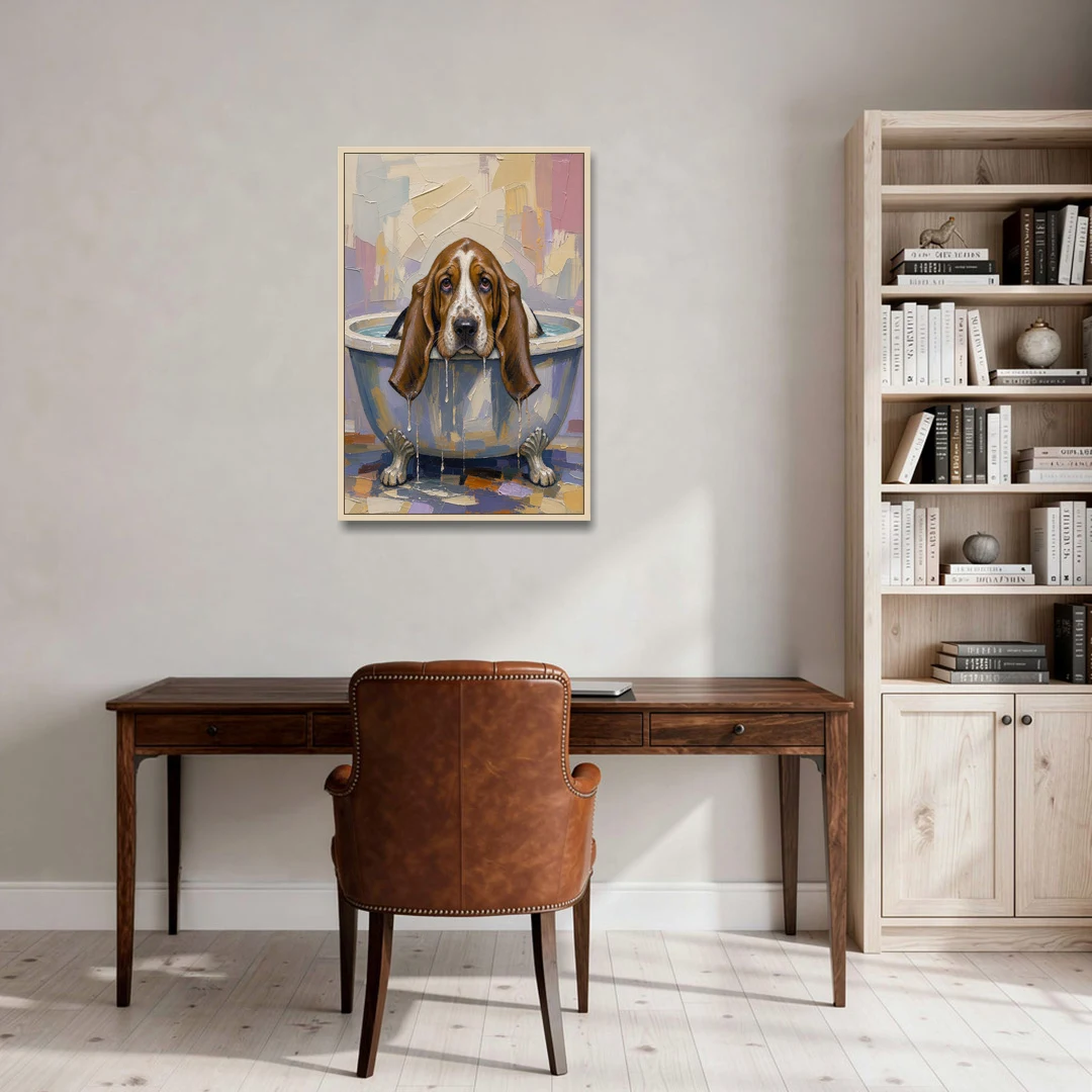Funny Bathroom Canvas Art Basset Hound with Dripping Ears - Oak Framed Canvas Wall Art - Office - 24x36