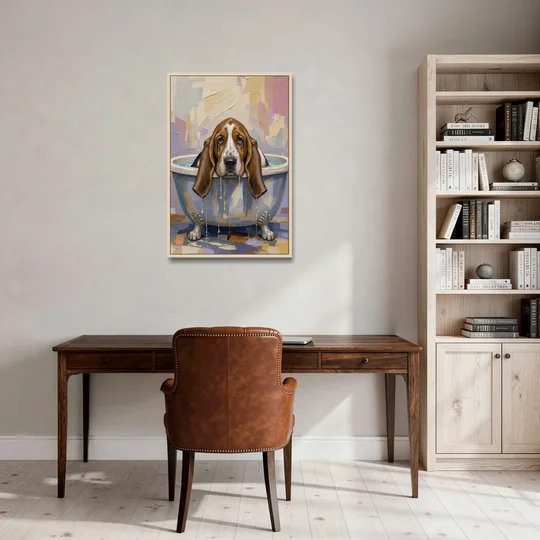 Funny Bathroom Canvas Art Basset Hound with Dripping Ears - Oak Framed Canvas Wall Art - Office - 24x36