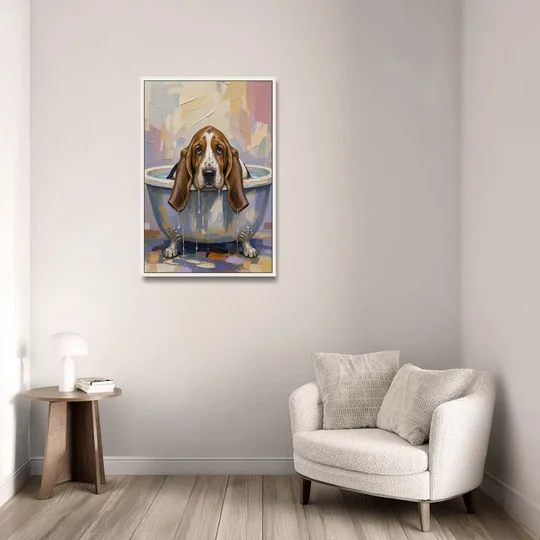 Funny Bathroom Canvas Art Basset Hound with Dripping Ears - White Framed Canvas Wall Art - Sofa - 24x36