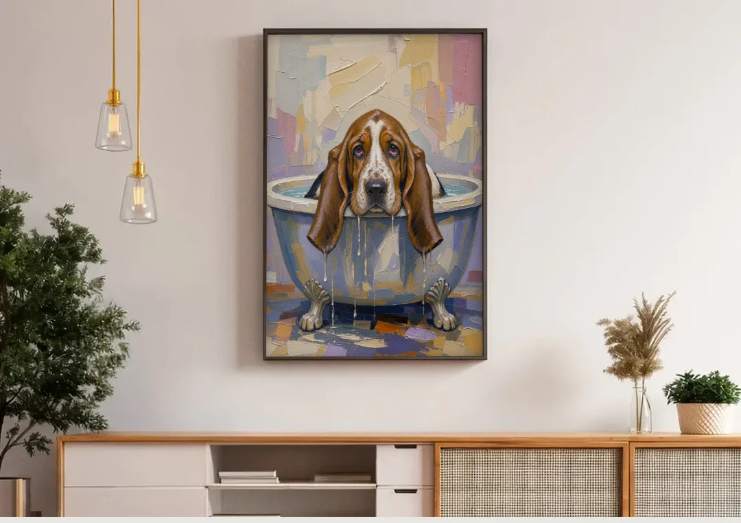 Funny Bathroom Canvas Art Basset Hound with Dripping Ears canvas wall art above a wooden sideboard under pendant lights