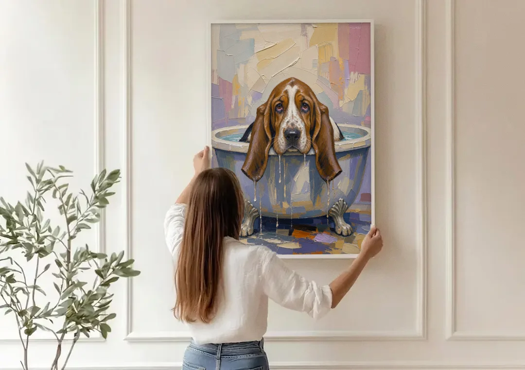 Funny Bathroom Canvas Art Basset Hound with Dripping Ears canvas wall art being hung on a paneled wall
