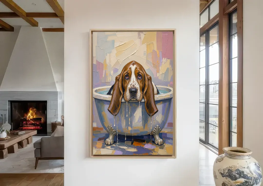 Funny Bathroom Canvas Art Basset Hound with Dripping Ears canvas wall art in a living room with a fireplace