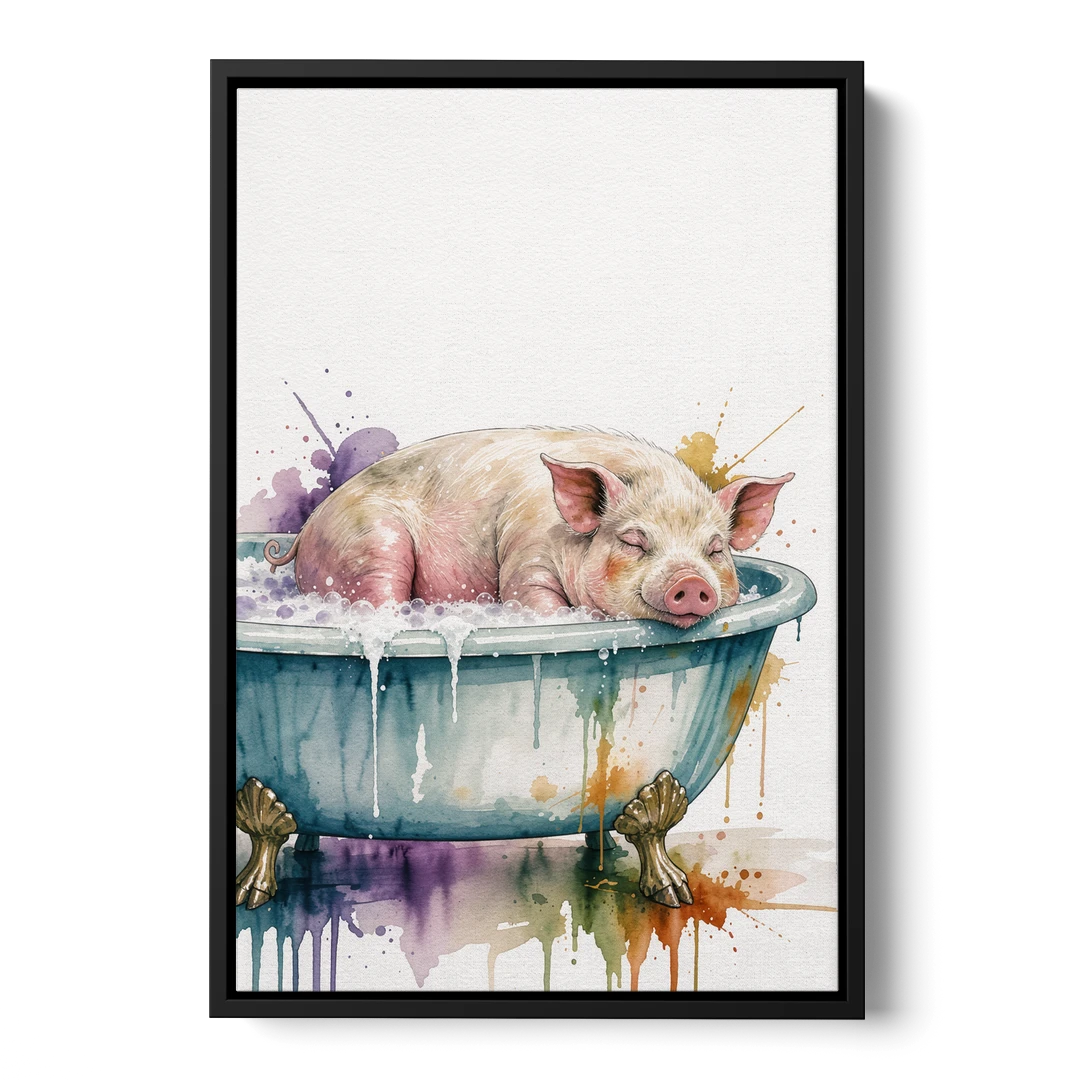 Funny Bathroom Decor Pig Asleep in the Tub - Black Framed Canvas Wall Art - Front