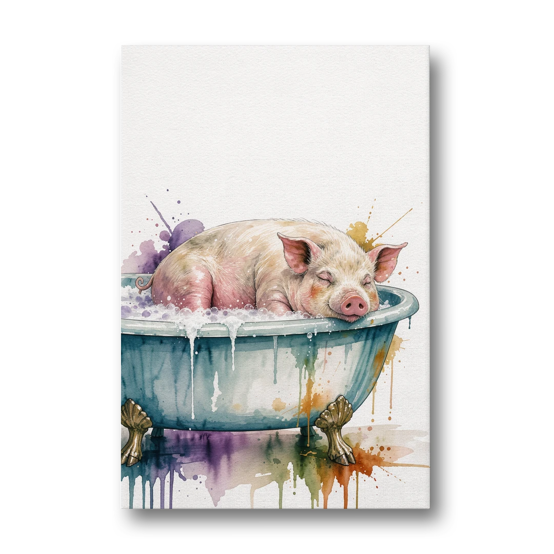 Funny Bathroom Decor Pig Asleep in the Tub - Canvas Wall Art - Front