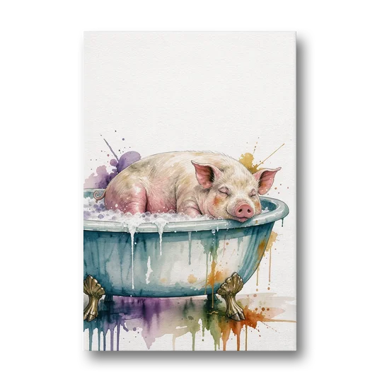 Funny Bathroom Decor Pig Asleep in the Tub - Canvas Wall Art - Front
