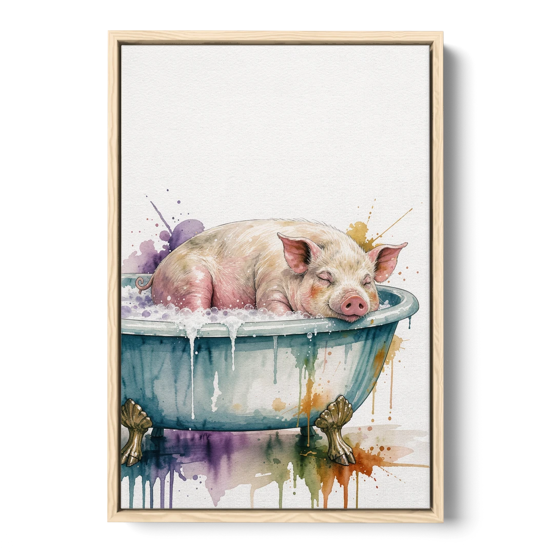Funny Bathroom Decor Pig Asleep in the Tub - Oak Framed Canvas Wall Art - Front