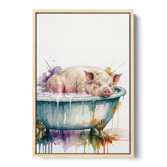 Funny Bathroom Decor Pig Asleep in the Tub - Oak Framed Canvas Wall Art - Front