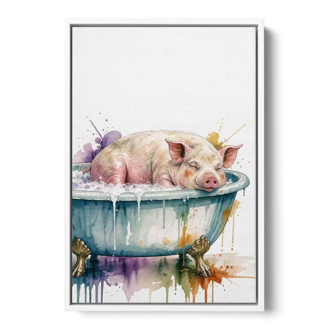Funny Bathroom Decor Pig Asleep in the Tub - White Framed Canvas Wall Art - Front