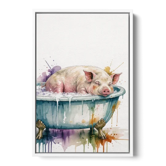 Funny Bathroom Decor Pig Asleep in the Tub - White Framed Canvas Wall Art - Front
