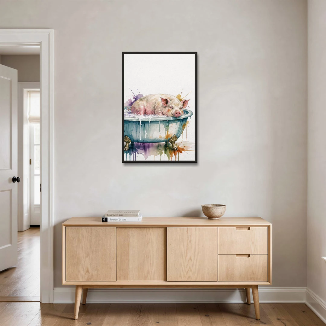 Funny Bathroom Decor Pig Asleep in the Tub - Black Framed Canvas Wall Art - Coffee Table - 24x36