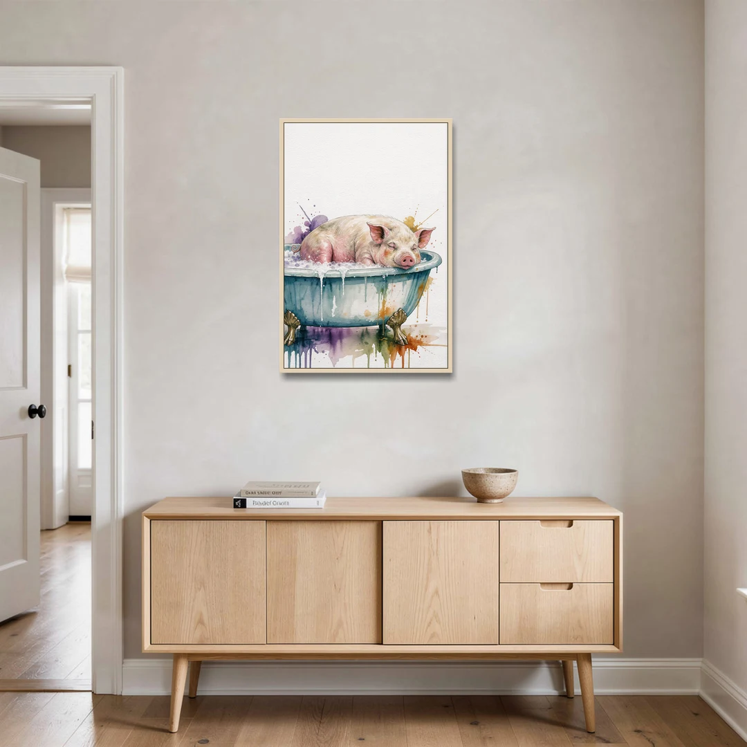 Funny Bathroom Decor Pig Asleep in the Tub - Oak Framed Canvas Wall Art - Coffee Table - 24x36
