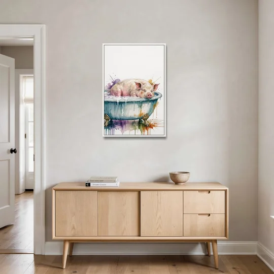Funny Bathroom Decor Pig Asleep in the Tub - White Framed Canvas Wall Art - Coffee Table - 24x36