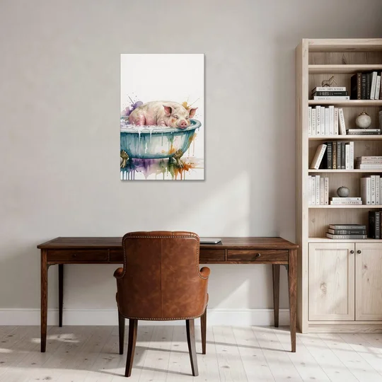 Funny Bathroom Decor Pig Asleep in the Tub - Canvas Wall Art - Office - 24x36