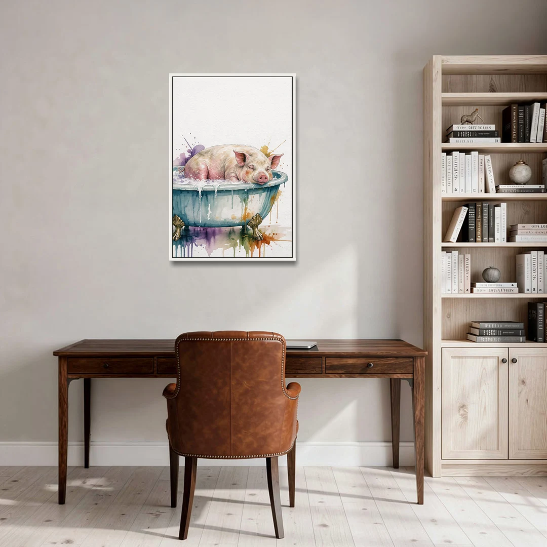 Funny Bathroom Decor Pig Asleep in the Tub - White Framed Canvas Wall Art - Office - 24x36