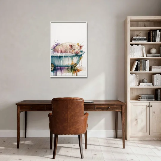 Funny Bathroom Decor Pig Asleep in the Tub - White Framed Canvas Wall Art - Office - 24x36