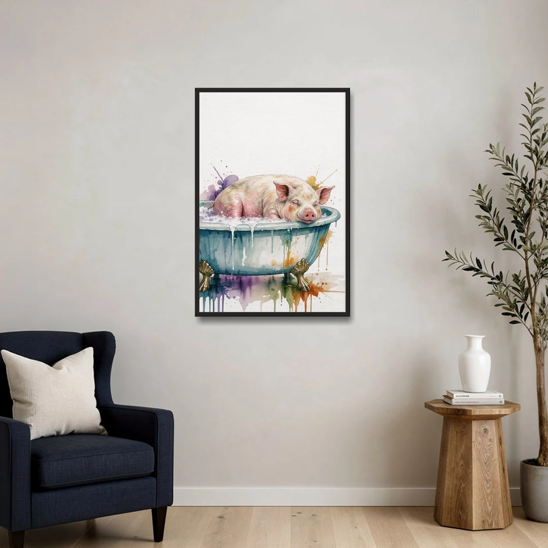 Funny Bathroom Decor Pig Asleep in the Tub - Black Framed Canvas Wall Art - Sofa - 24x36