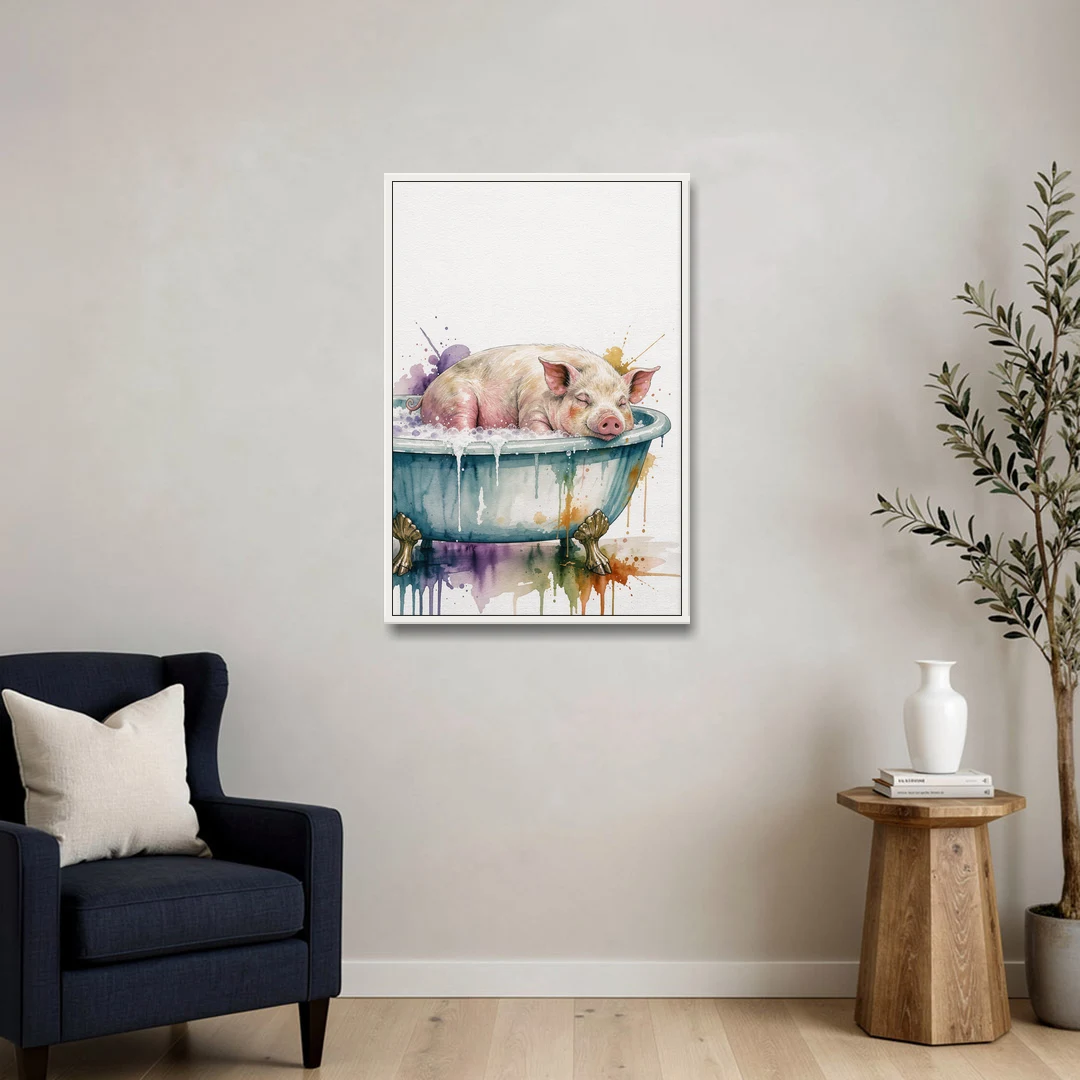 Funny Bathroom Decor Pig Asleep in the Tub - White Framed Canvas Wall Art - Sofa - 24x36