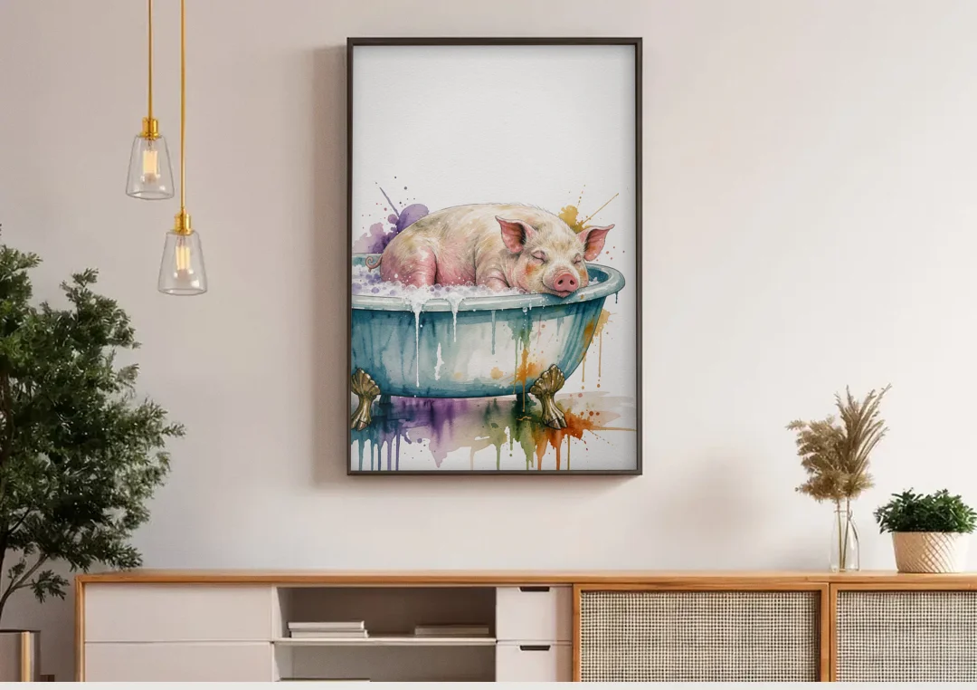 Funny Bathroom Decor Pig Asleep in the Tub canvas wall art above a wooden sideboard under pendant lights