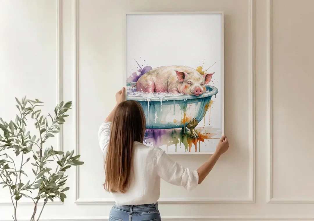 Funny Bathroom Decor Pig Asleep in the Tub canvas wall art being hung on a paneled wall