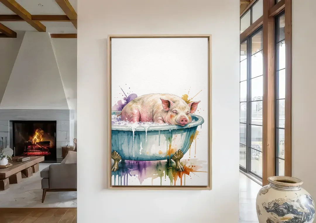 Funny Bathroom Decor Pig Asleep in the Tub canvas wall art in a living room with a fireplace