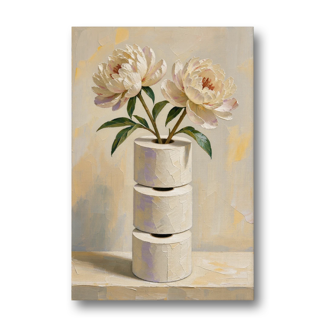 Funny Bathroom Painting of Peonies on Paper Rolls - Canvas Wall Art - Front