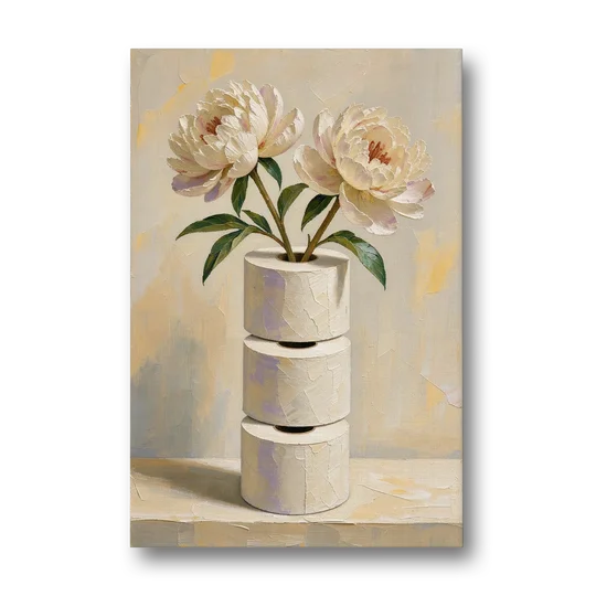 Funny Bathroom Painting of Peonies on Paper Rolls - Canvas Wall Art - Front