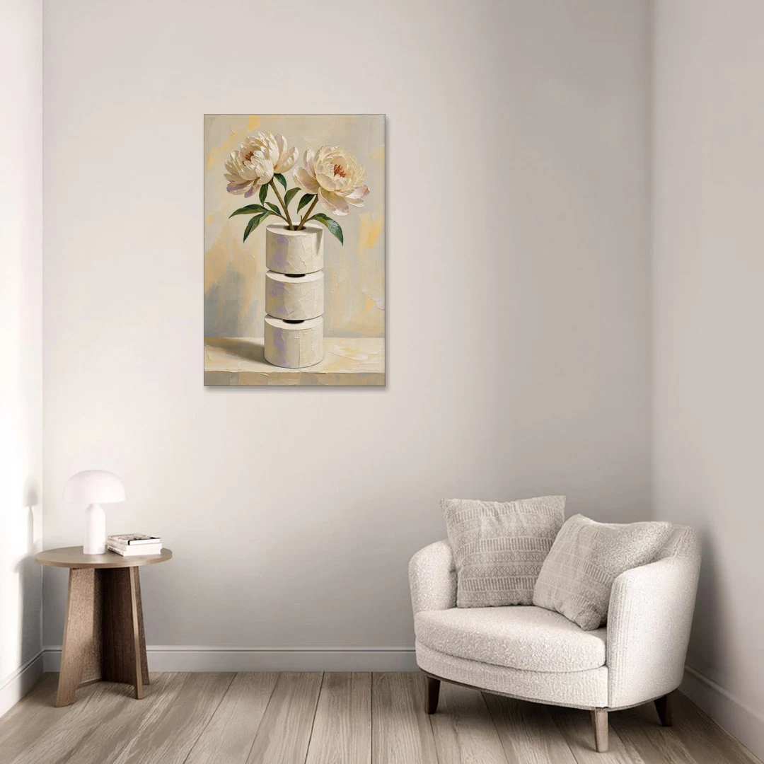 Funny Bathroom Painting of Peonies on Paper Rolls - Canvas Wall Art - Sofa - 24x36