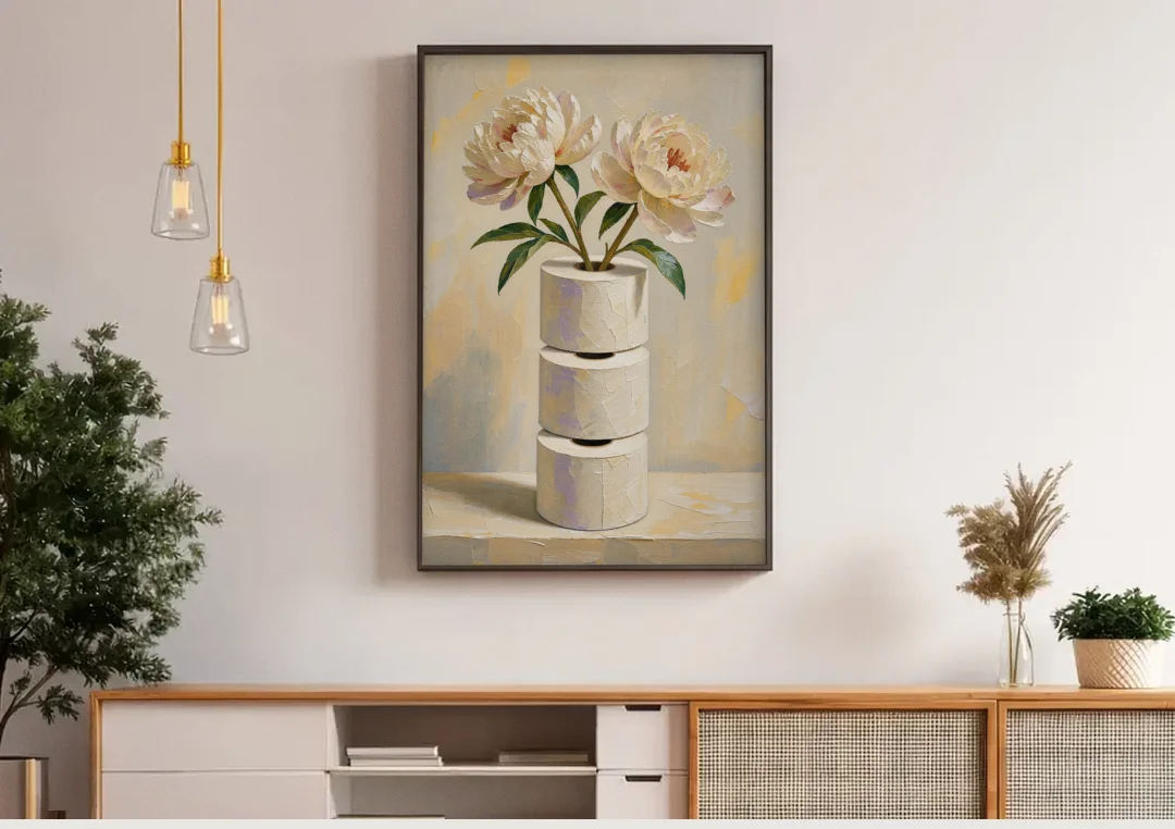 Funny Bathroom Painting of Peonies on Paper Rolls canvas wall art above a wooden sideboard under pendant lights