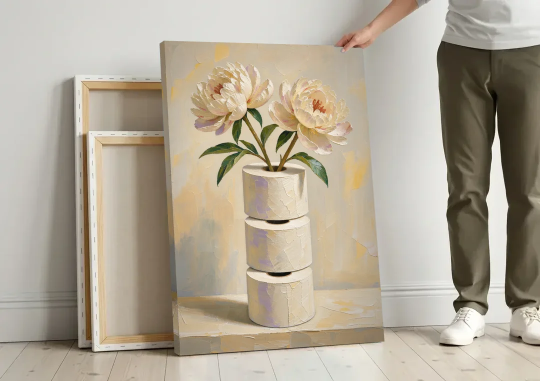Funny Bathroom Painting of Peonies on Paper Rolls canvas wall art leaning against a wall next to blank canvases