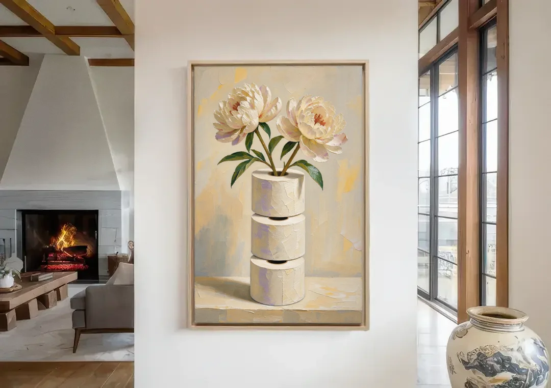 Funny Bathroom Painting of Peonies on Paper Rolls canvas wall art in a living room with a fireplace