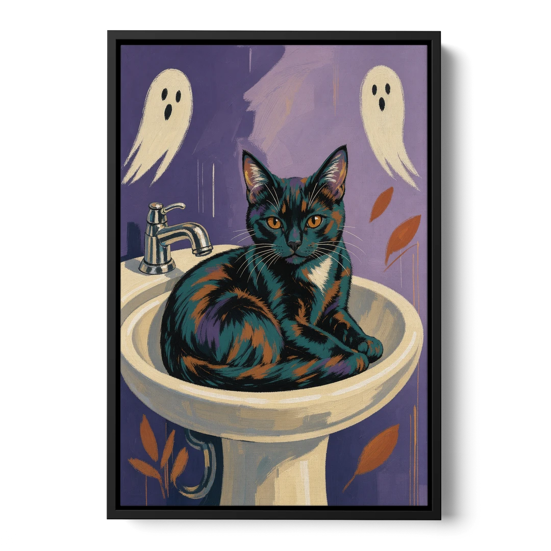 Funny Bathroom Prints Cat Claims the Sink - Black Framed Canvas Wall Art - Front