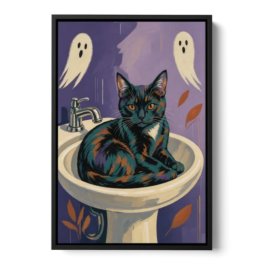 Funny Bathroom Prints Cat Claims the Sink - Black Framed Canvas Wall Art - Front