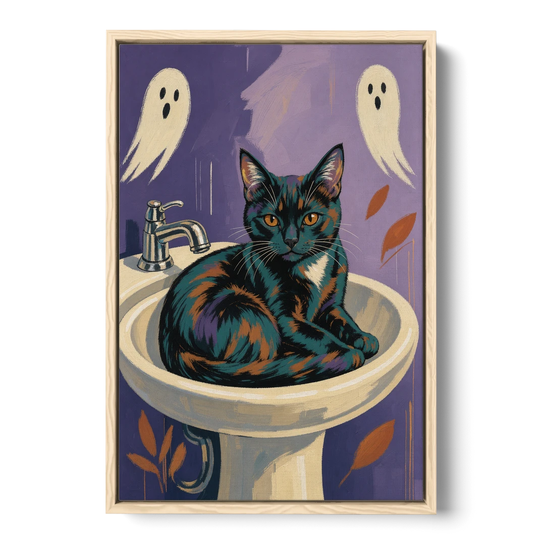 Funny Bathroom Prints Cat Claims the Sink - Oak Framed Canvas Wall Art - Front