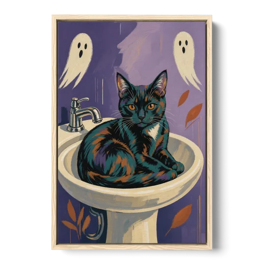 Funny Bathroom Prints Cat Claims the Sink - Oak Framed Canvas Wall Art - Front