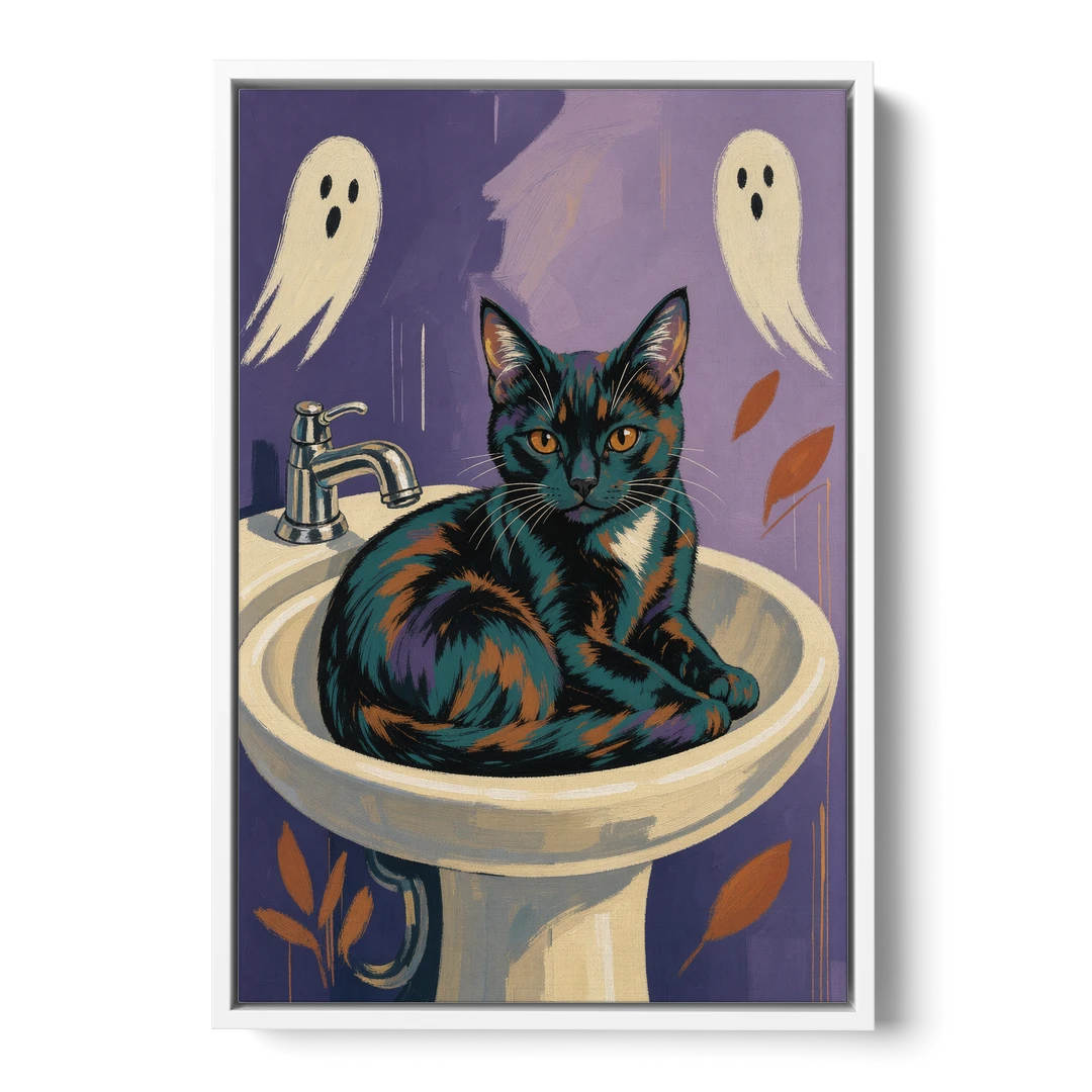 Funny Bathroom Prints Cat Claims the Sink - White Framed Canvas Wall Art - Front