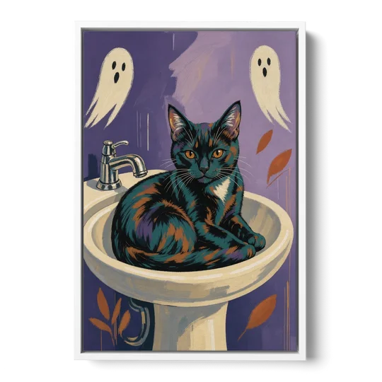 Funny Bathroom Prints Cat Claims the Sink - White Framed Canvas Wall Art - Front