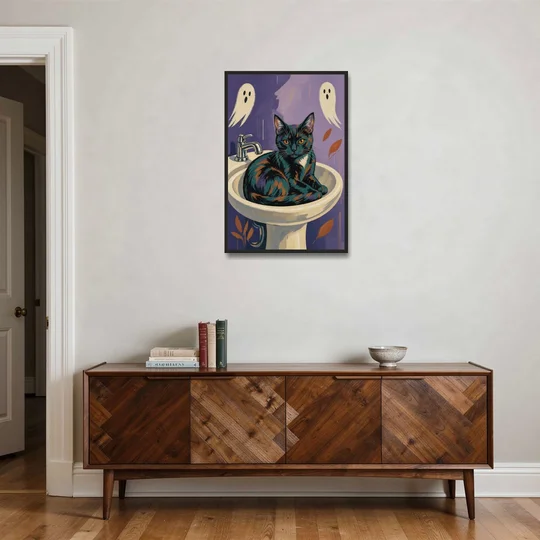 Funny Bathroom Prints Cat Claims the Sink - Black Framed Canvas Wall Art - Coffee Table - 24x36