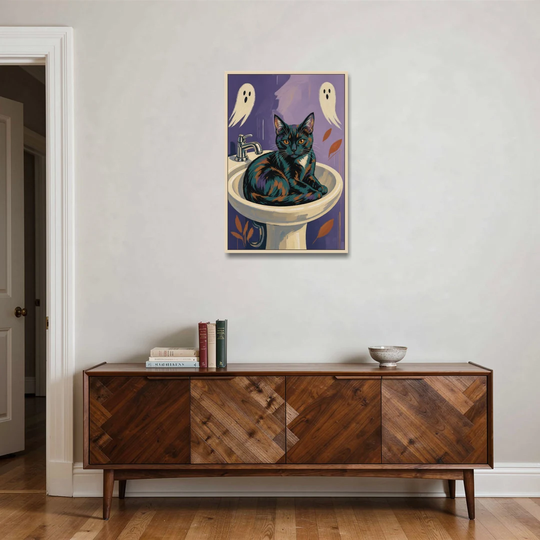 Funny Bathroom Prints Cat Claims the Sink - Oak Framed Canvas Wall Art - Coffee Table - 24x36