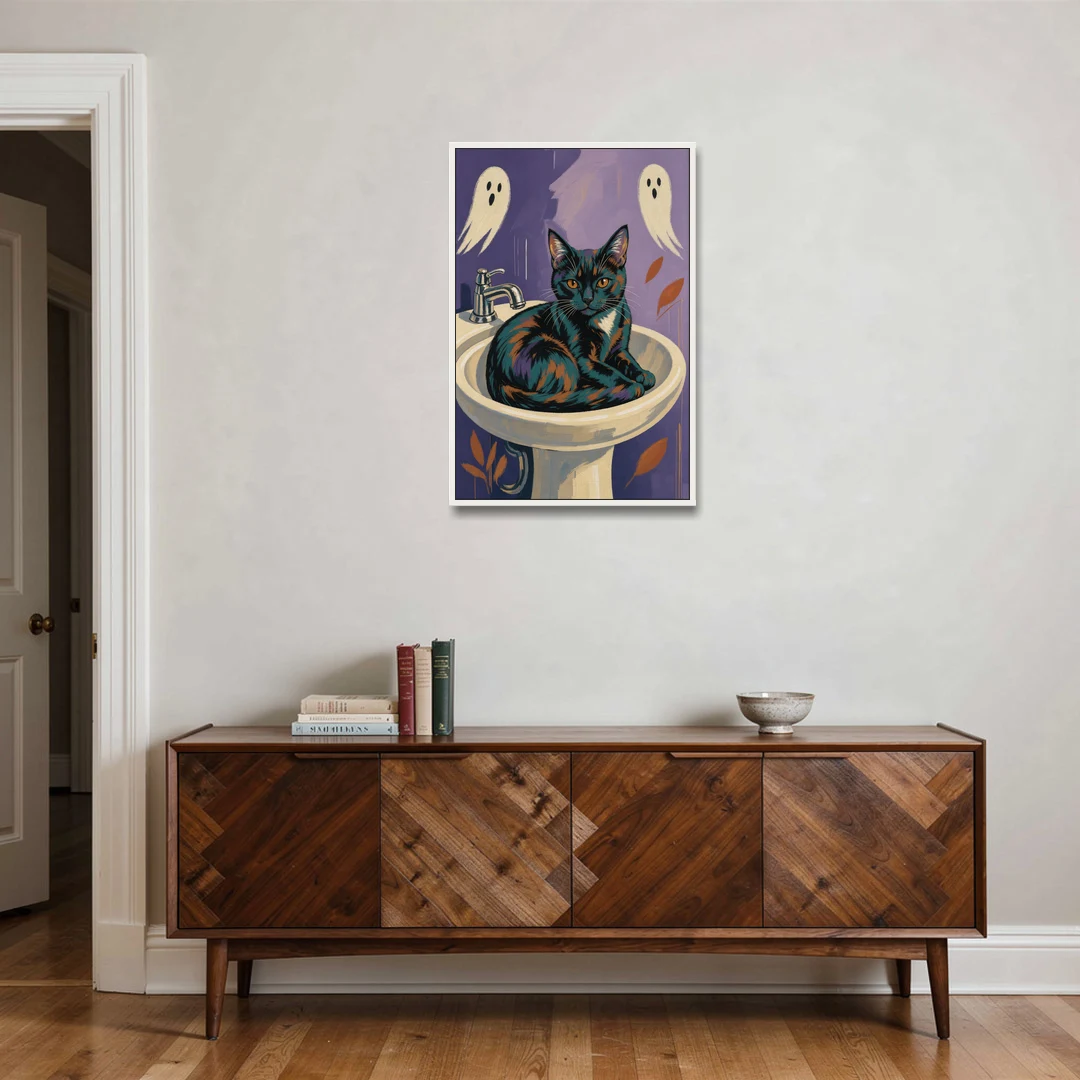 Funny Bathroom Prints Cat Claims the Sink - White Framed Canvas Wall Art - Coffee Table - 24x36